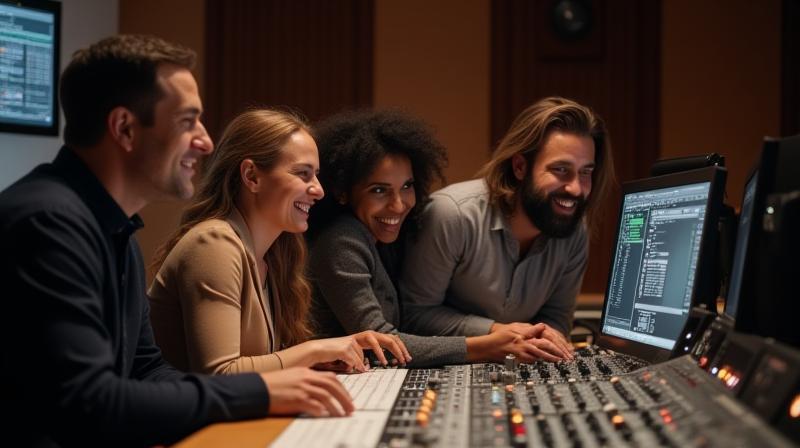 Photo of the Estúdio Som Criativo team working together in the sound studio control room, looking collaborative and focused.