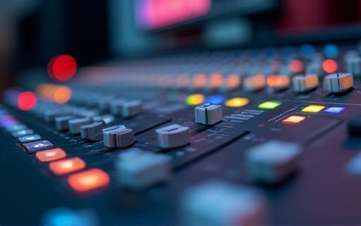 Close up of a mixing console with faders and knobs illuminated, representing audio fundamentals.