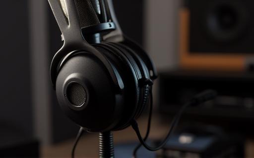 Microphone and headphones set up in a recording environment, ready for podcast production.